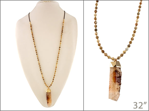 Wooden Beaded Necklace with Peach Stone Pendant