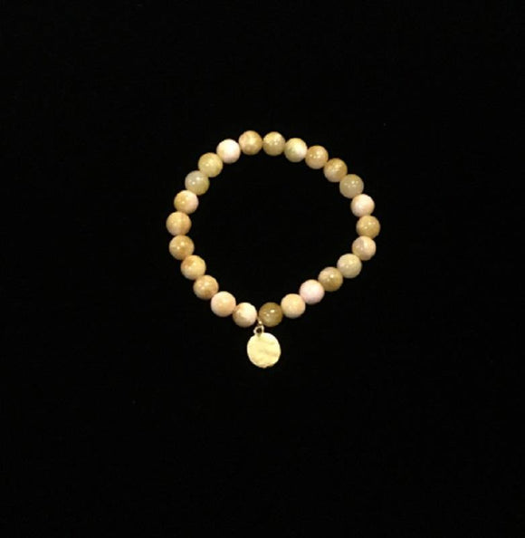 Gold Hammered Disc Charm on 8mm Round Yellow Glass Beaded Stretch Bracelet ( 05 ) - Ohmyjewelry.com