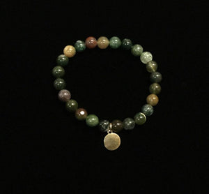 GOLD HAMMERED DISC CHARN ON 8mm ROUND GREEN MULTI GLASS BEADED STRETCH BRACELET ( 13 ) - Ohmyjewelry.com