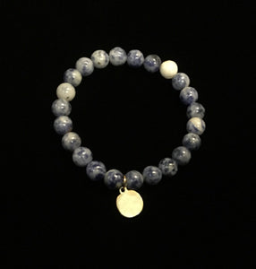 Gold Hammered Disc Charm on 8mm Round Denim Blue Glass Beaded Stretch Bracelet ( 15 )