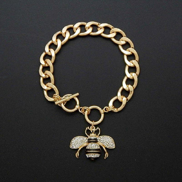 GOLD BLACK CLEAR RHINESTONE BEE TOGGLE CHARM BRACELET ( 2210 ) - Ohmyjewelry.com