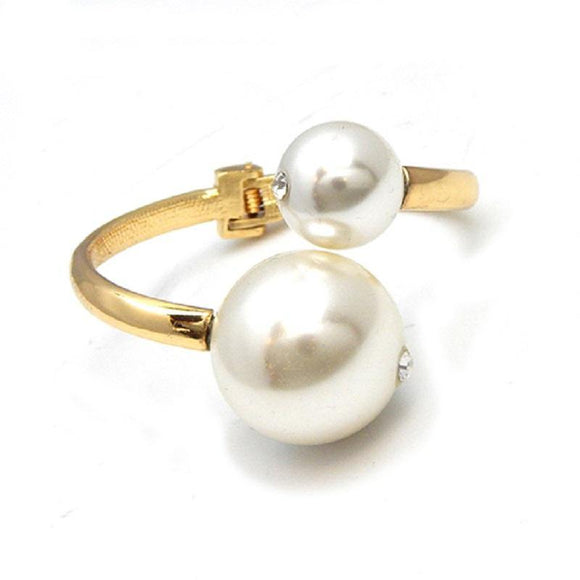 Gold Hinged Bangle with 2 Cream Pearl Balls Fashion Bracelet ( 2214 GDCRM ) - Ohmyjewelry.com