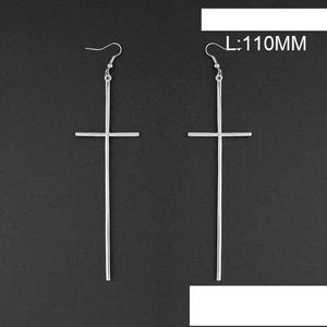 4.25" DANGLING SILVER CROSS EARRINGS ( 2138 S ) - Ohmyjewelry.com