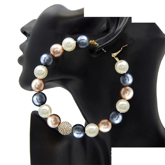 80mm DARK MULTI COLOR Pearl Ball Fashion Hoop Earrings ( 2833 GDMLT ) - Ohmyjewelry.com