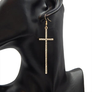 3.5" GOLD Clear Rhinestone Cross Dangle Earrings ( 2854 GDCLR ) - Ohmyjewelry.com