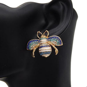 GOLD BLUE RHINESTONE BEE EARRINGS ( 2855 GDBLU ) - Ohmyjewelry.com