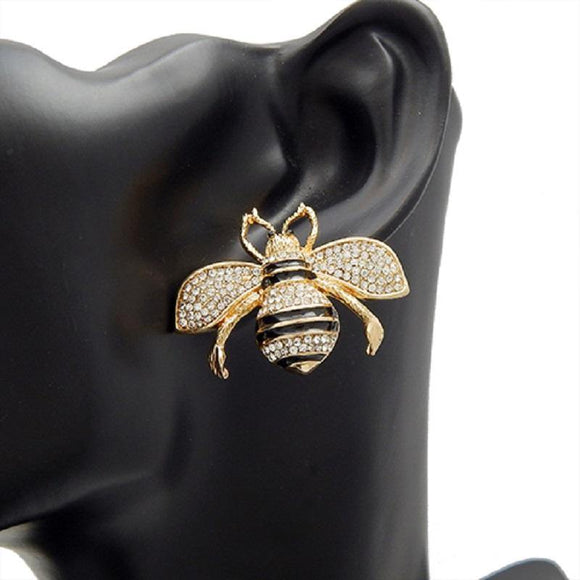 GOLD BLACK BEE EARRINGS CLEAR STONES ( 2855 GDCLR ) - Ohmyjewelry.com