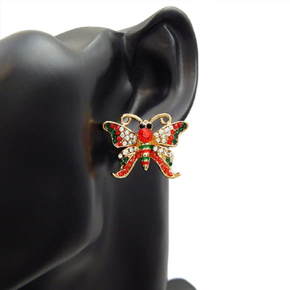 GOLD BLACK BUTTERFLY EARRINGS CLEAR RED GREEN STONES ( 2886 GDGMT )