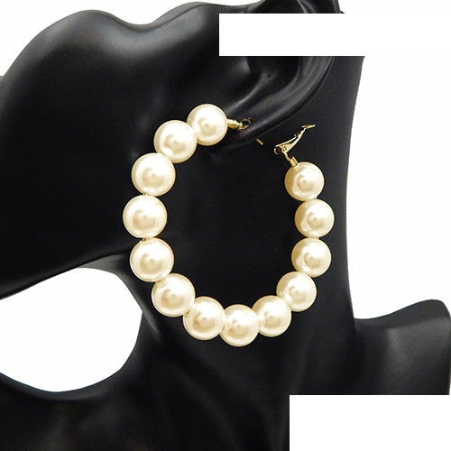 Gold And Cream Colored Pearl Hoop Earrings ( 2977 GDCRM )