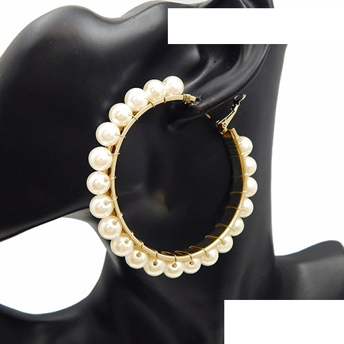Gold Hoop Earrings With Cream Colored Pearls ( 2978 )