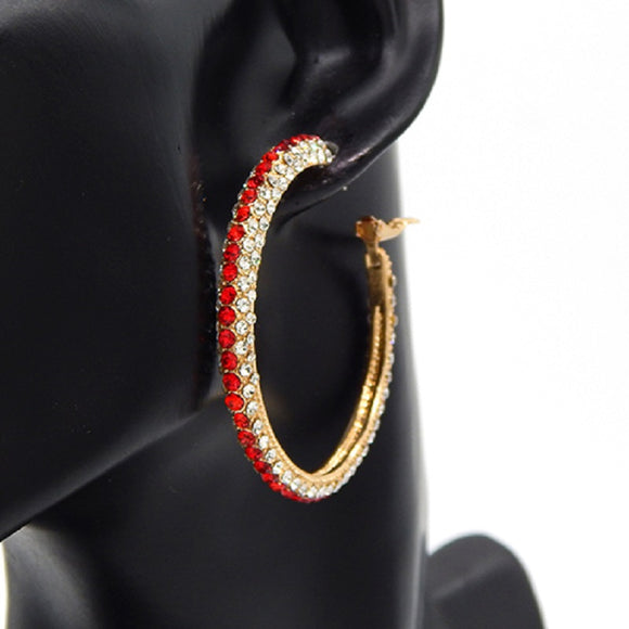 GOLD HOOP EARRINGS RED CLEAR STONES ( 3140 GDRED )