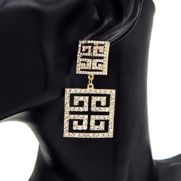 GOLD SQUARE GREEK EARRINGS CLEAR STONES ( 3244 GDCLR )