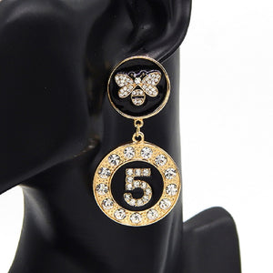 GOLD BLACK DANGLING BEE 5 EARRINGS CLEAR STONES ( 3245 GDCLR )