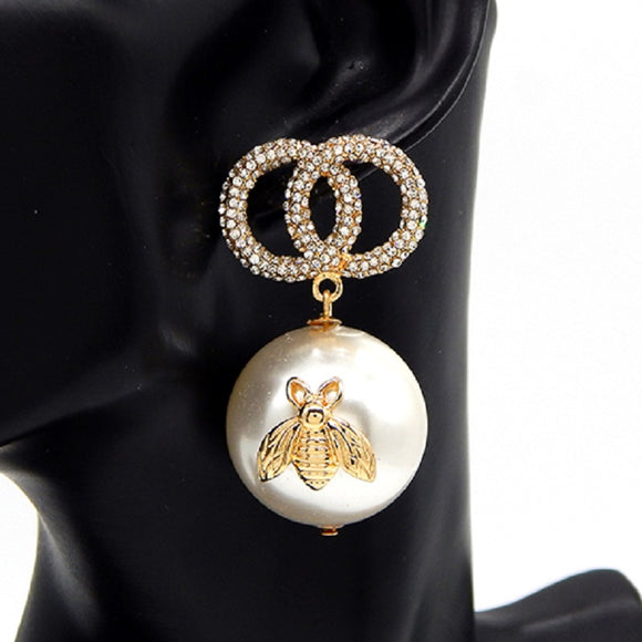 GOLD EARRINGS CLEAR STONES CREAM PEARLS BEE ( 3247 GDCLR )