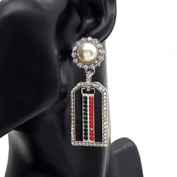 SILVER BLACK EARRINGS WHITE PEARLS RED GREEN CLEAR STONES ( 3285 RDBKGMT )