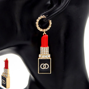 GOLD BLACK DANGLING LIPSTICK EARRINGS CLEAR STONES ( 3308 GDCLR )