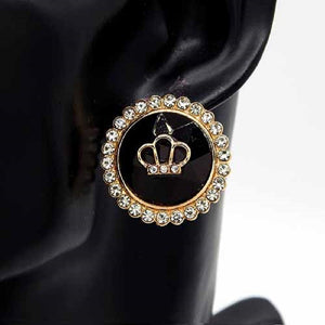 GOLD BLACK EARRINGS CLEAR STONES CROWN ( 3412 GDBLK )