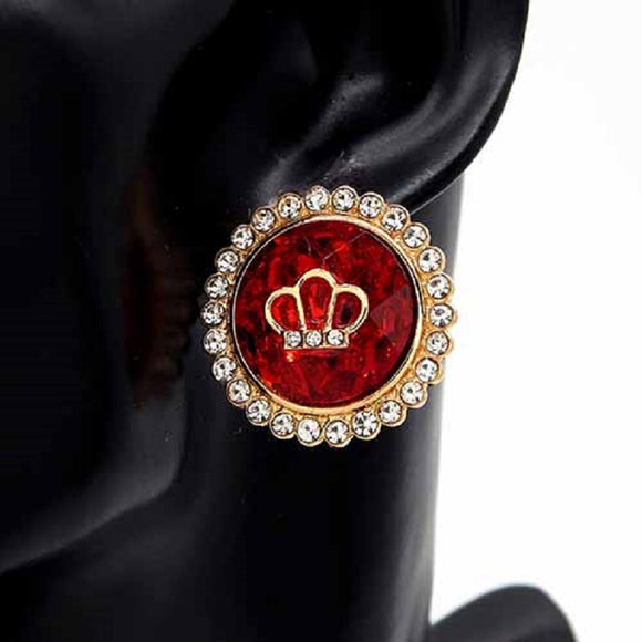 GOLD RED EARRINGS CLEAR STONES CROWN ( 3412 GDRED )