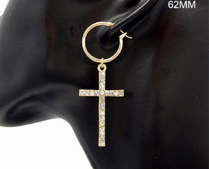 2.25" Gold Rhinestone Cross on Hoop Earrings ( 2771 GCL ) - Ohmyjewelry.com