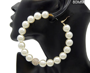 80mm Cream Pearl Ball and Rhinestone Ball Fashion Hoop Earrings ( 2833 GDCRM ) - Ohmyjewelry.com