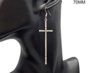 3.5" Silver Clear Rhinestone Cross Dangle Earrings ( 2854 RDCLR ) - Ohmyjewelry.com