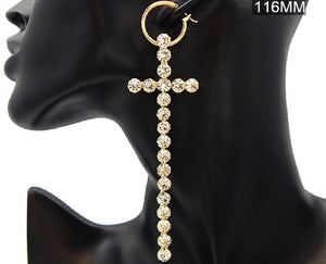 4.5" Gold Clear Rhinestone Cross on Hoop Earrings ( 2859 ) - Ohmyjewelry.com