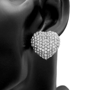 1" Silver Clear Rhinestone Heart Stud Earrings ( 2888 RDCLR ) - Ohmyjewelry.com