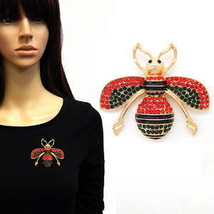 LARGE 3" Gold Black Enamel and Red and Green Rhinestone Bee Brooch ( 2039 GDGMT )