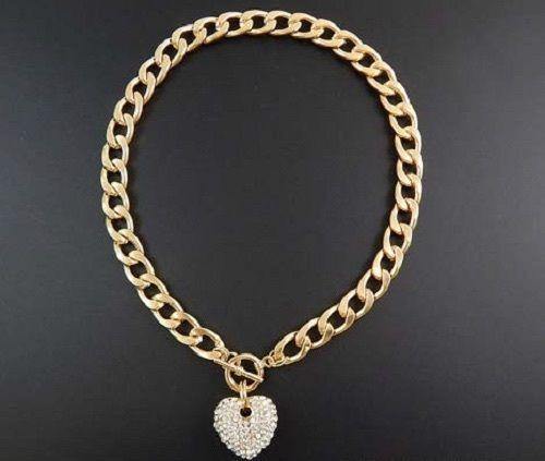 Gold CLEAR Rhinestone Heart Charm Toggle Necklace ( 1442 GDCLR ) - Ohmyjewelry.com