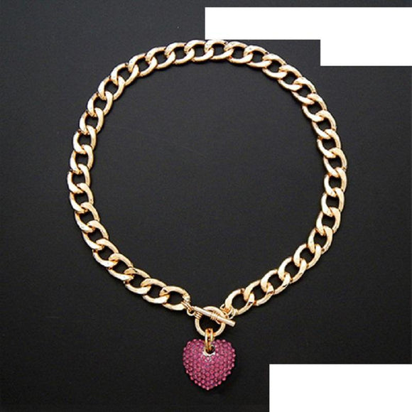 Gold PINK Rhinestone Heart Charm Toggle Necklace ( 1442 GDPNK ) - Ohmyjewelry.com