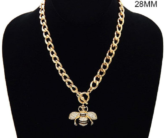 GOLD BLACK ENAMEL AND CLEAR RHINESTONE BEE TOGGLE NECKLACE ( 3437 GDCLR ) - Ohmyjewelry.com