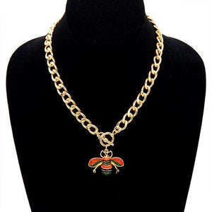 GOLD BLACK ENAMEL AND GREEN & RED RHINESTONE BEE TOGGLE NECKLAC ( 3437 GDGMT ) - Ohmyjewelry.com