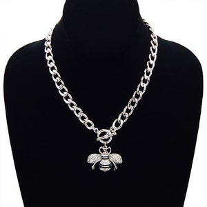 SILVER BLACK ENAMEL AND CLEAR RHINESTONE BEE TOGGLE NECKLACE ( 3437 RDCLR ) - Ohmyjewelry.com