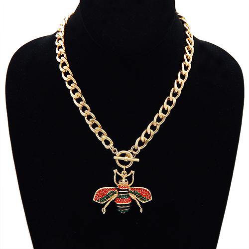 GOLD GREEN & RED RHINESTONE BEE TOGGLE NECKLACE ( 3438 GDGMT ) - Ohmyjewelry.com