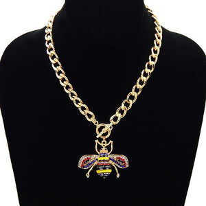 GOLD MULTI COLOR RHINESTONE BEE TOGGLE NECKLACE ( 3438 GDRMT ) - Ohmyjewelry.com