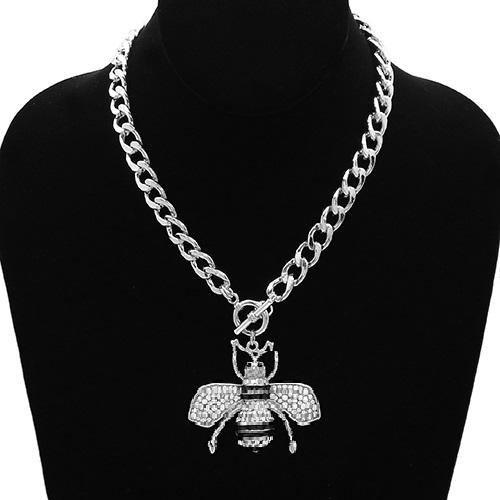 SILVER NECKLACE BEE PENDANT CLEAR STONES ( 3456 SCL ) - Ohmyjewelry.com