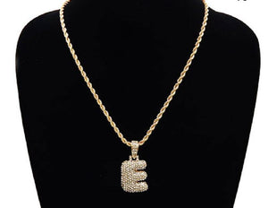 GOLD NECKLACE WITH PUFFY "E" LETTER WITH CLEAR RHINESTONES ( 3466 GCL ) - Ohmyjewelry.com