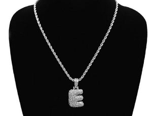 SILVER NECKLACE WITH PUFFY "E" LETTER WITH CLEAR RHINESTONES ( 3466 SCL ) - Ohmyjewelry.com