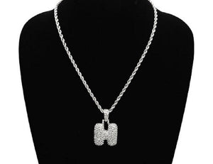 SILVER NECKLACE WITH PUFFY "H" LETTER WITH CLEAR RHINESTONES ( 3466 SCL ) - Ohmyjewelry.com