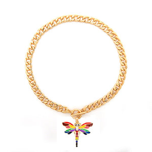 GOLD NECKLACE DRAGONFLY PENDANT MULTI COLOR ( 3505 GDMLT )