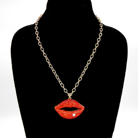 GOLD NECKLACE LIPS BROOCH CLEAR RED STONES ( 3538 GDRED )