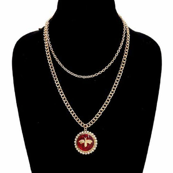 GOLD RED BEE NECKLACE CLEAR STONES ( 3647 GDRED )