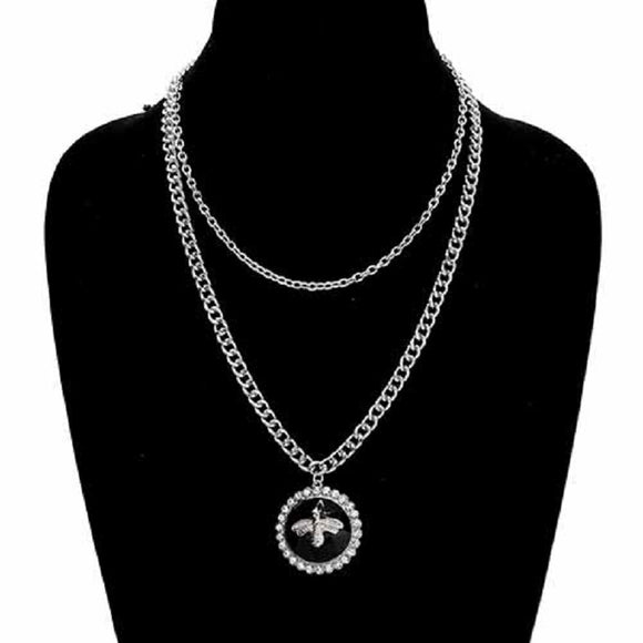 SILVER BLACK BEE NECKLACE CLEAR STONES ( 3647 RDBLK )