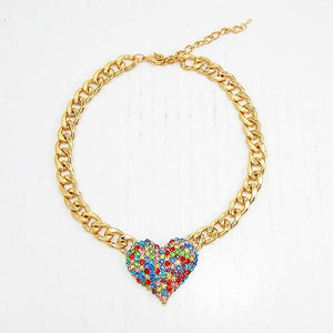 GOLD NECKLACE WITH MULTI COLOR RHINESTONE HEART PENDANT ( 9091 GDMLT ) - Ohmyjewelry.com