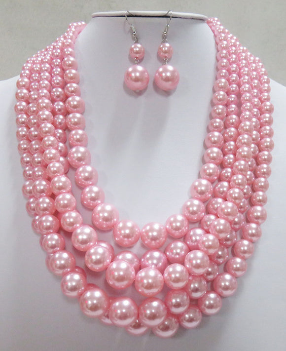 5 STRAND PINK PEARL NECKLACE SET ( 3869 PK )