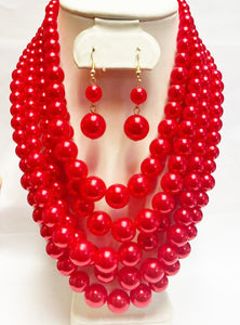 5 STRAND RED COLOR NECKLACE SET ( 3869 RD )