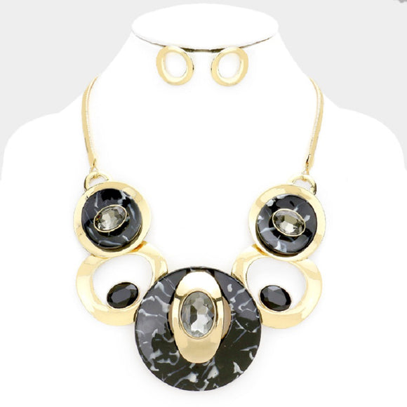 Black and Gold Metal and Glass Stone Fashion Statement Necklace with Earrings ( 3323 GBK )