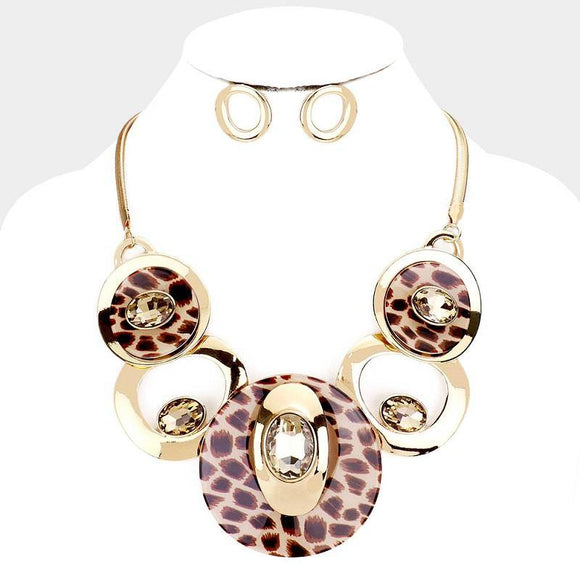 Gold and Brown Leopard Print Metal and Glass Stone Fashion Statement Necklace with Earrings ( 3323 ) - Ohmyjewelry.com