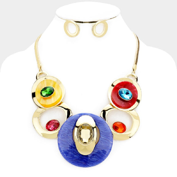 Gold and Multi Color Metal and Glass Stone Fashion Statement Necklace with Earrings ( 3323 GMT )