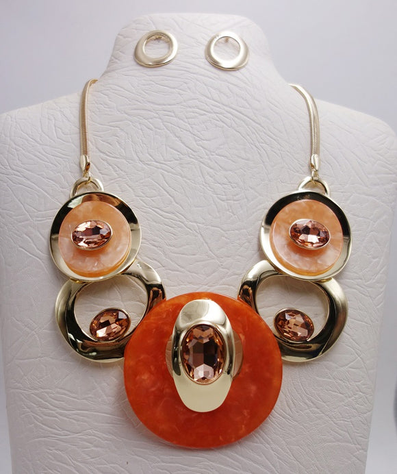 Orange and Gold Metal and Glass Stone Fashion Statement Necklace with Earrings ( 3323 GOR )